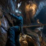 Accrogrotte : participant en casque près d’une corde, pont suspendu et tyrolienne