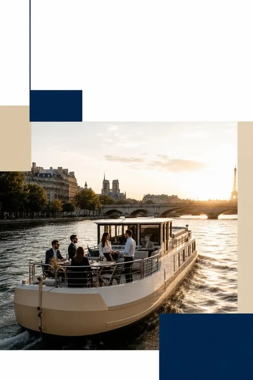 Team building original Paris Seine sur une péniche avec vue sur les quais et un groupe d’entreprise en activité