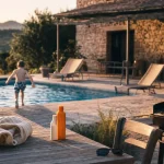 Location gite en Ardèche avec piscine : terrassse, transats et enfant entrant dans l’eau