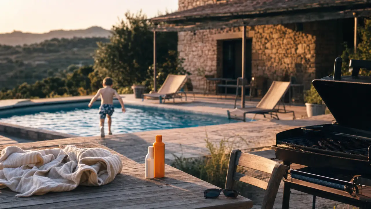 Location gite en Ardèche avec piscine : terrassse, transats et enfant entrant dans l’eau