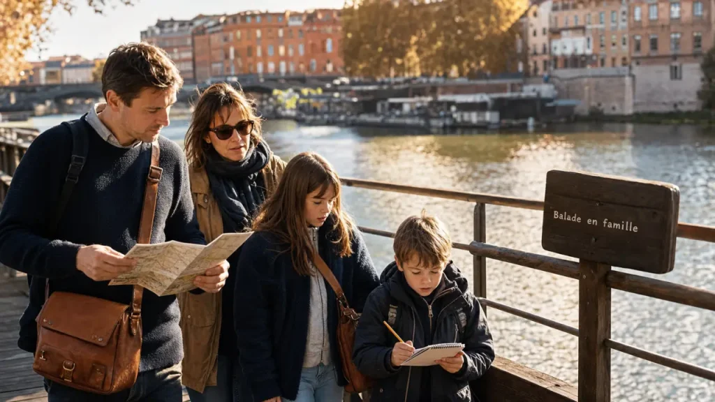 Que faire à Toulouse avec des enfants ce week-end : famille sur une passerelle au bord de la Garonne