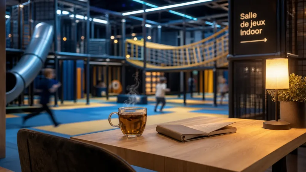 Salle de jeux indoor : coin parent et espace de jeux