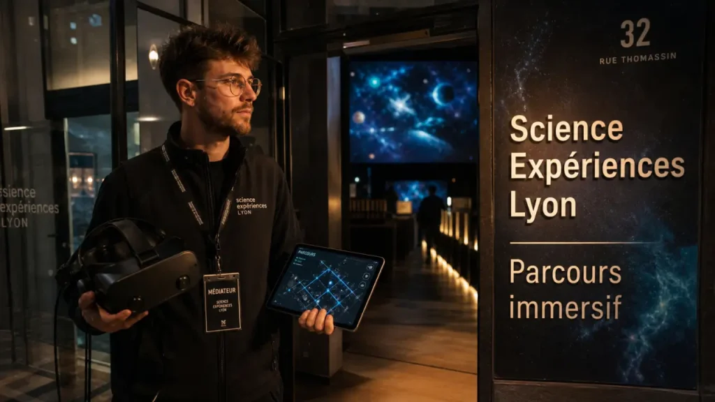 Science experiences lyon : entrée du parcours immersif VR en famille