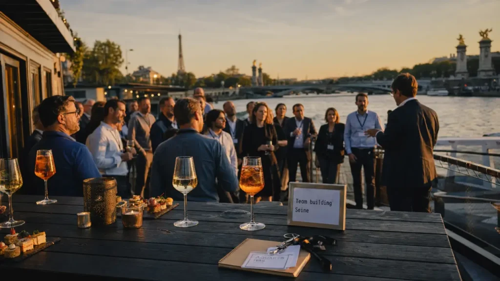 Team building original Paris Seine sur péniche, équipe et cocktails dinatoires