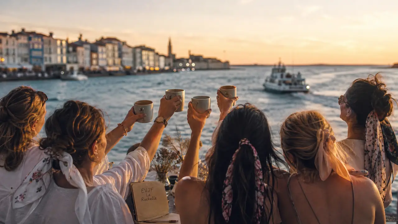 Activités evjf La Rochelle : amies au Vieux-Port, coucher de soleil et mer