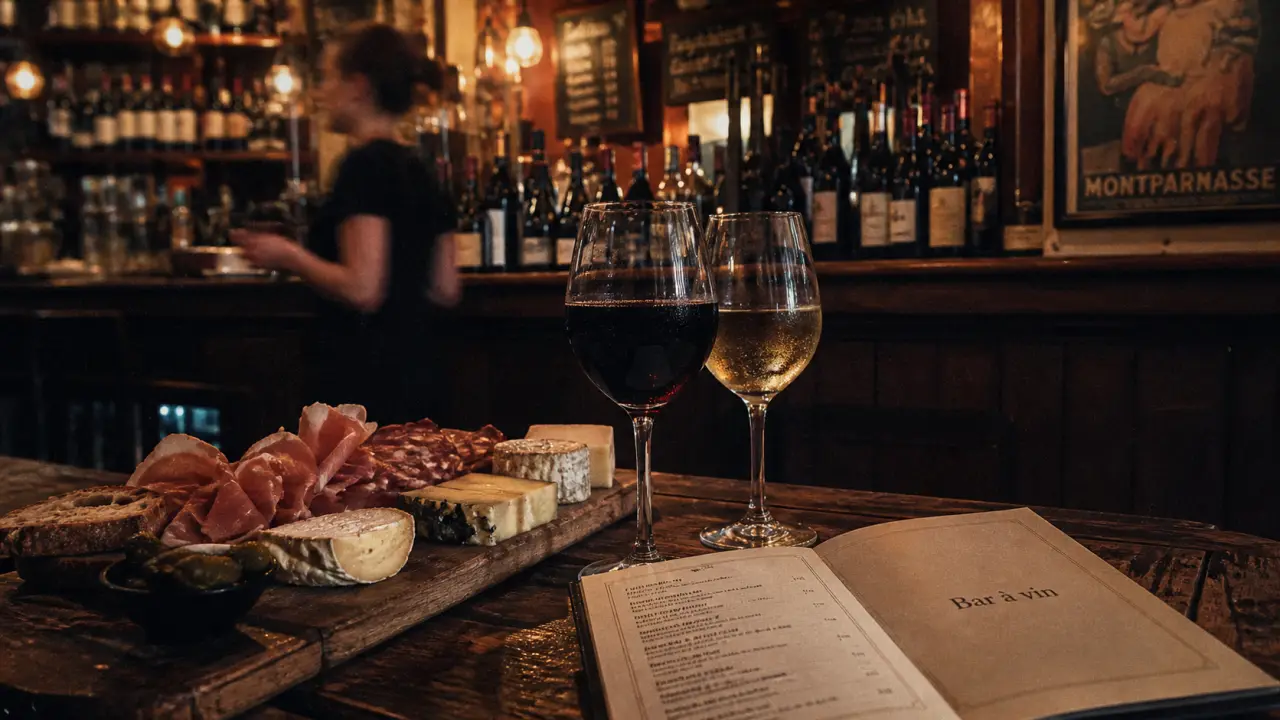 Bar à vin Paris Montparnasse : carte des vins et verres rouge et blanc