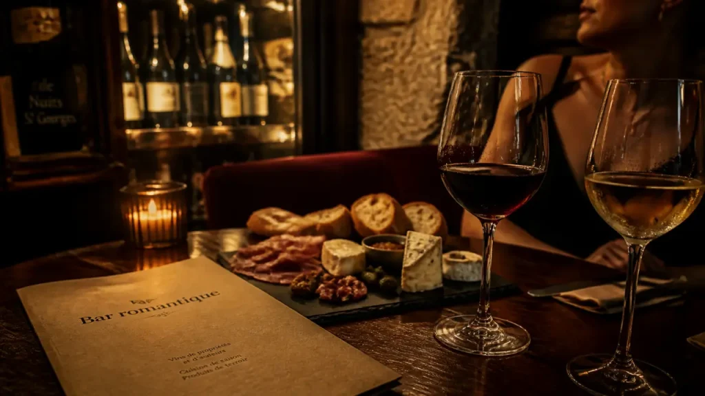 Bar à vin romantique à Paris : lumière douce, tables calmes et bons accords