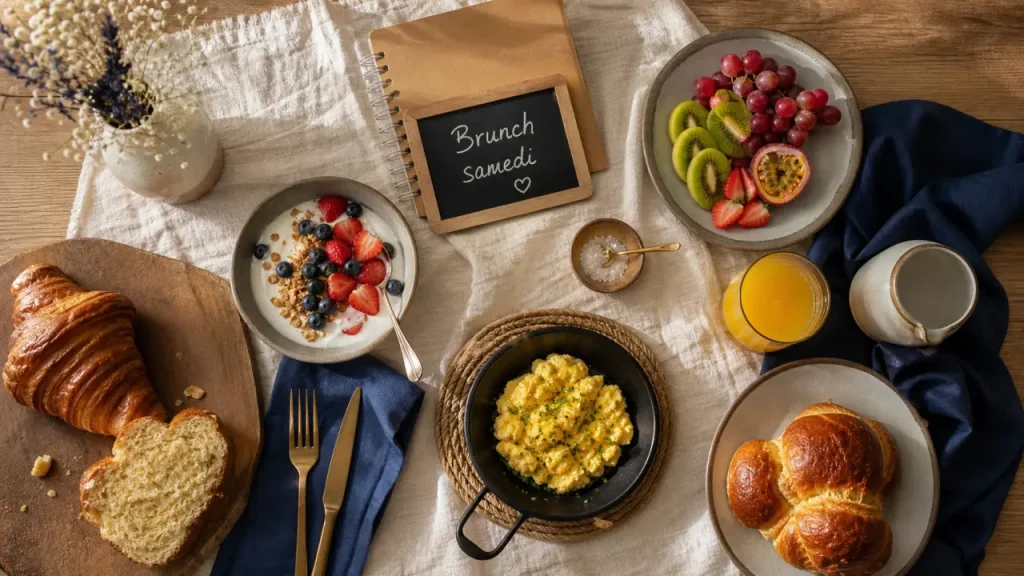 Brunch Strasbourg samedi : table avec croissant et œufs brouillés
