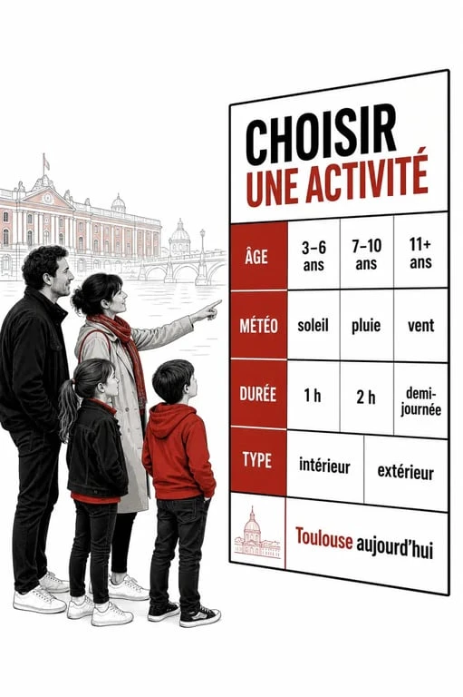 Activités enfants Toulouse : famille comparant des sorties en fonction de l’âge, de la météo et de la durée