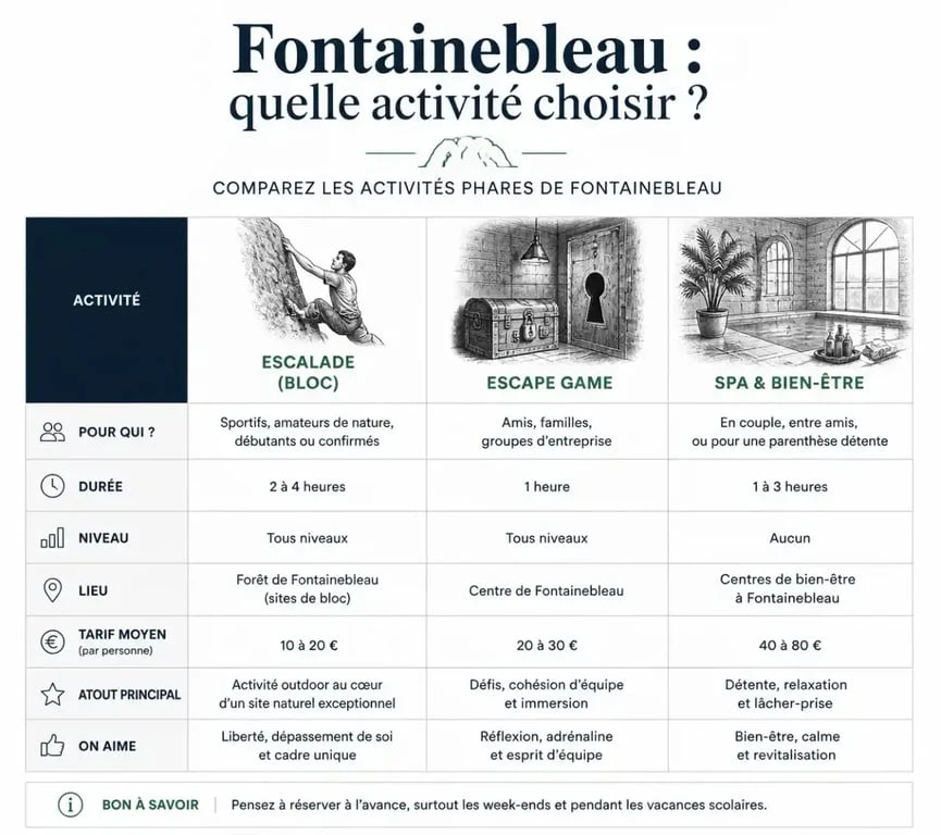 Tableau comparatif des activités à Fontainebleau par prix et durée
