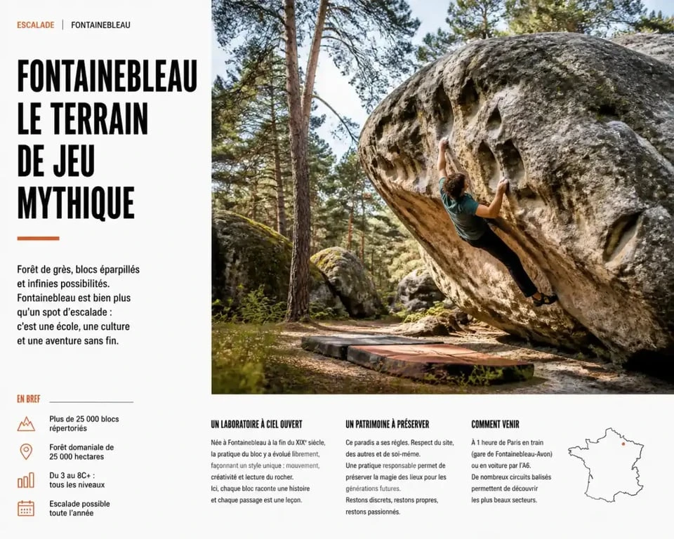 Escalade sur rochers de grès dans la forêt de Fontainebleau, activités de plein air