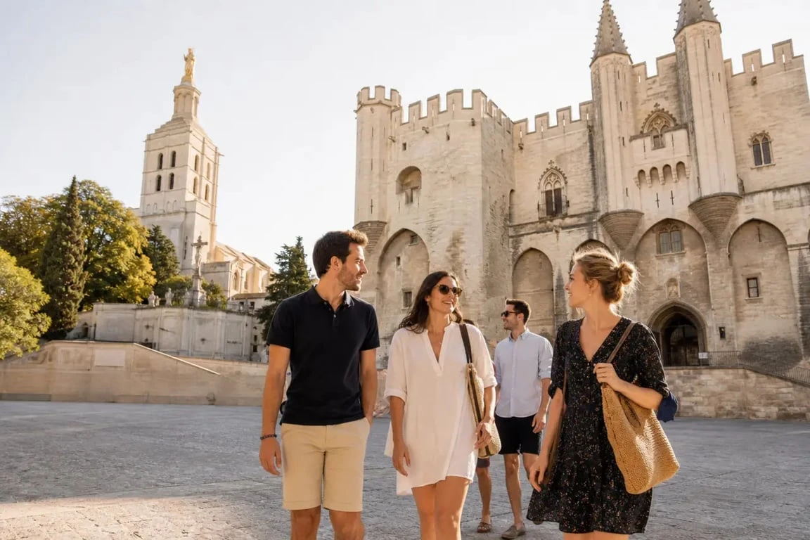 Que faire à Avignon pour les jeunes : groupe d’amis dans le centre historique d’Avignon avec le Palais des Papes en arrière-plan