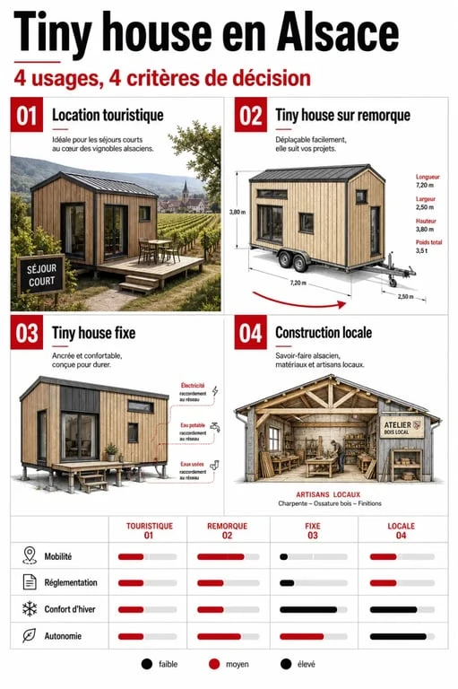 Tiny house alsace : comparaison visuelle entre location touristique, tiny house mobile, tiny house fixe et construction locale