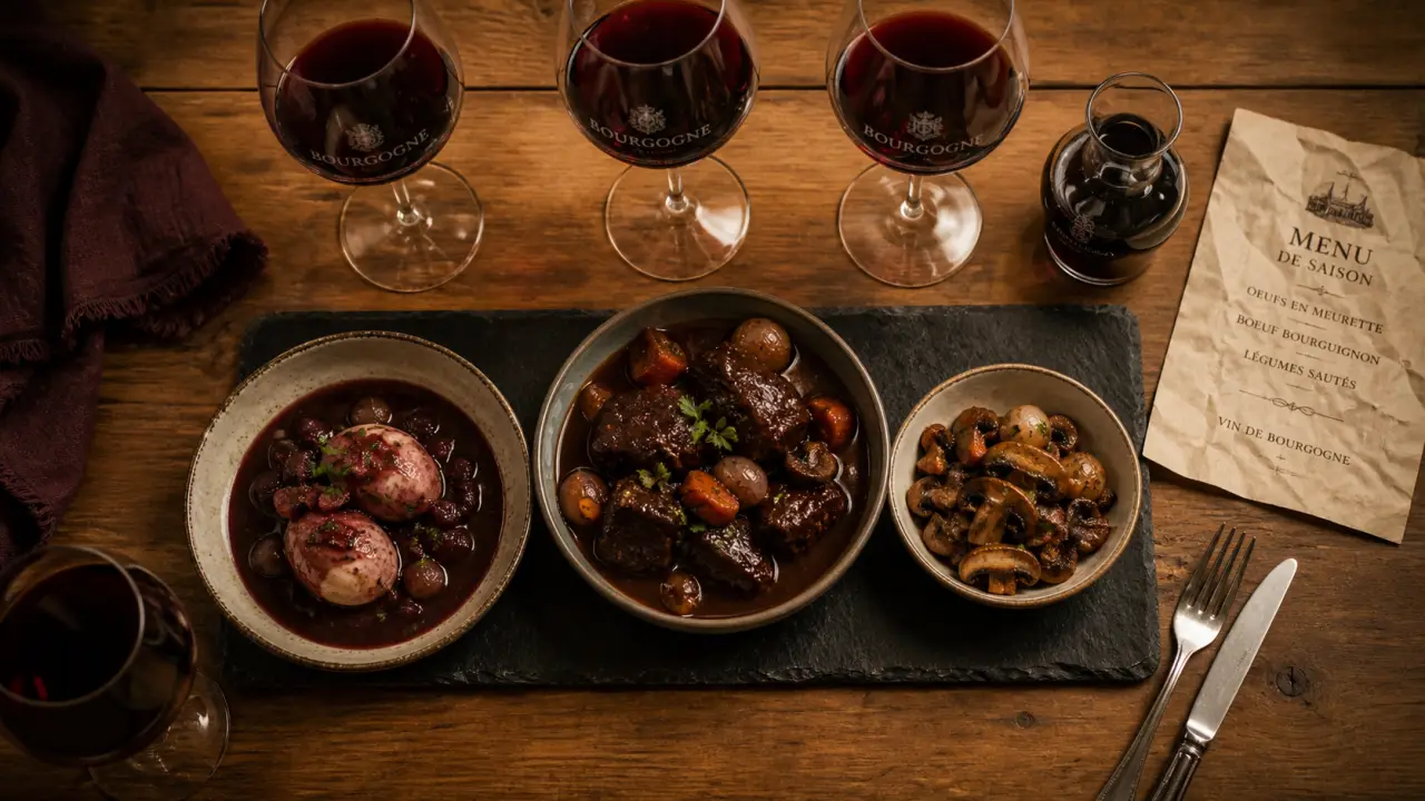 Les 10 meilleurs restaurants à Dijon Côte-d’Or 2025 : plats bourguignons et vin rouge sur table