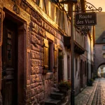 Plus beaux villages vosges : ruelle de Kaysersberg, mur de grès rose au golden hour