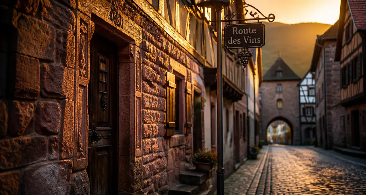 Plus beaux villages vosges : ruelle de Kaysersberg, mur de grès rose au golden hour