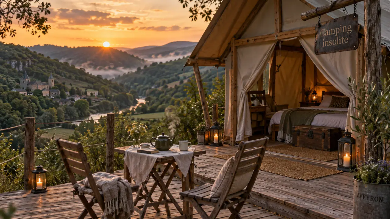 Camping insolite Aveyron : terrasse de glamping avec cabane en bois et toile