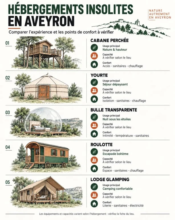 Infographie comparative des hébergements d’un camping insolite en Aveyron