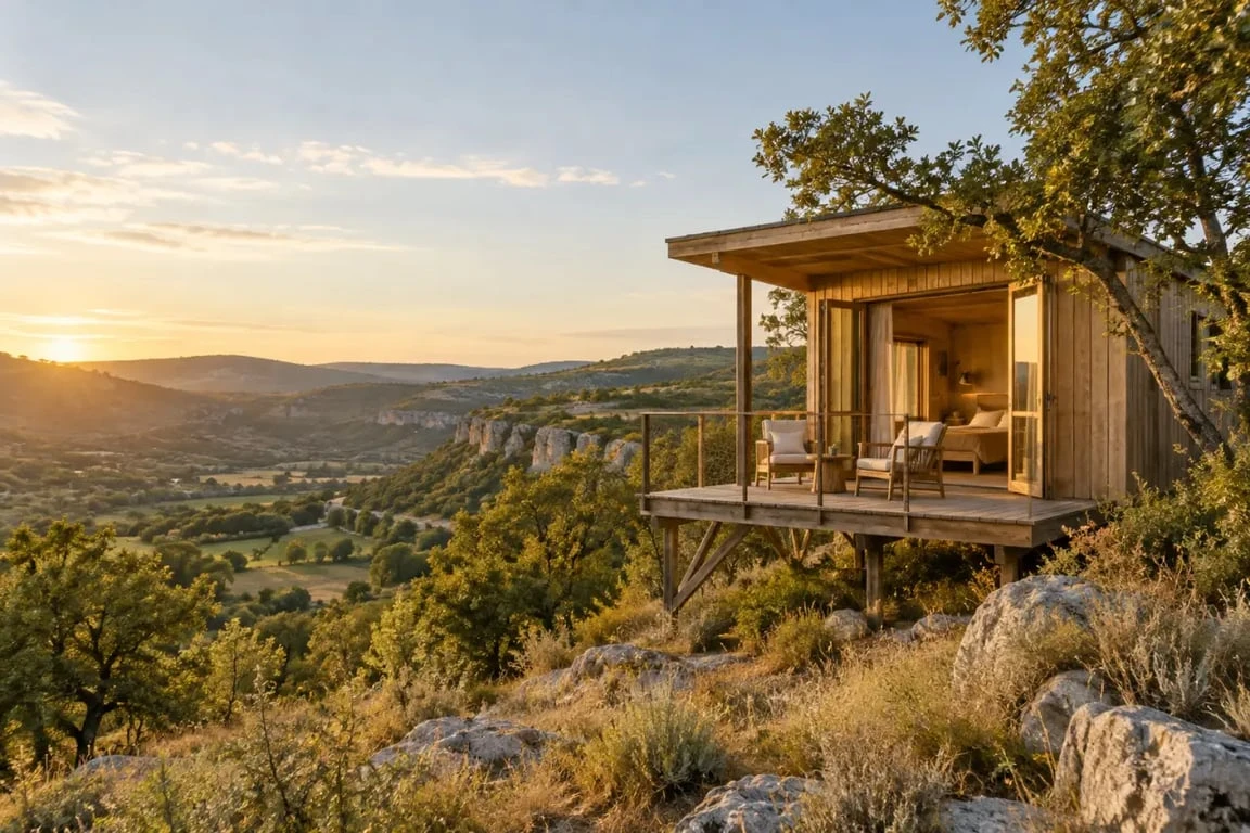 Camping insolite en Aveyron avec cabane glamping dans un paysage naturel
