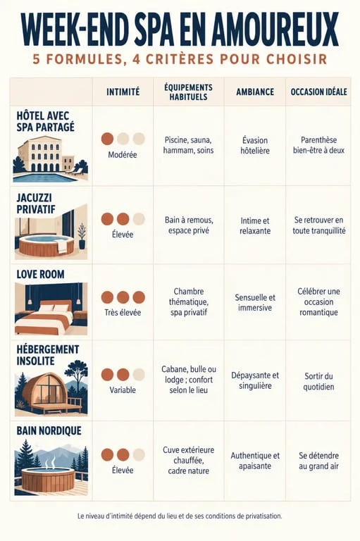 Infographie comparative pour choisir un spa week-end en amoureux selon l’intimité et les équipements