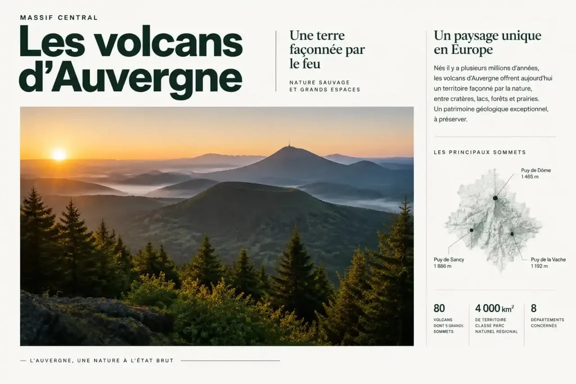Paysage des volcans d'Auvergne idéal pour un séjour en hébergement insolite ou village vacances.