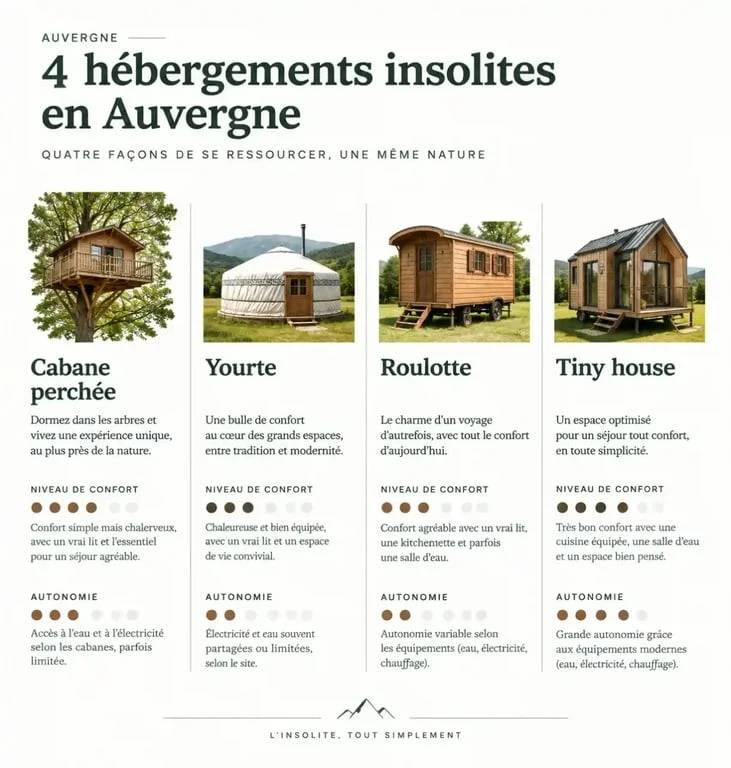 Tableau comparatif des hébergements insolites en Auvergne : cabane, yourte, roulotte et tiny house pour votre séjour village vacances.