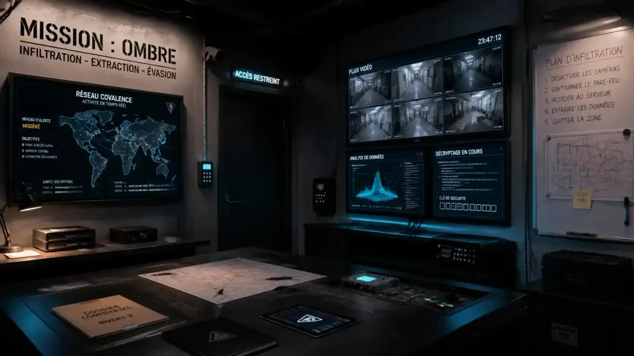 Salle d'escape game mission impossible à Montpellier avec décor d'espionnage