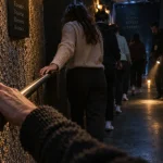 Escape game 5 sens Montpellier : groupe avançant dans le noir