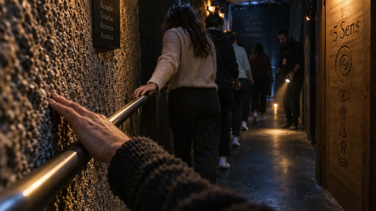 Escape game 5 sens Montpellier : groupe avançant dans le noir
