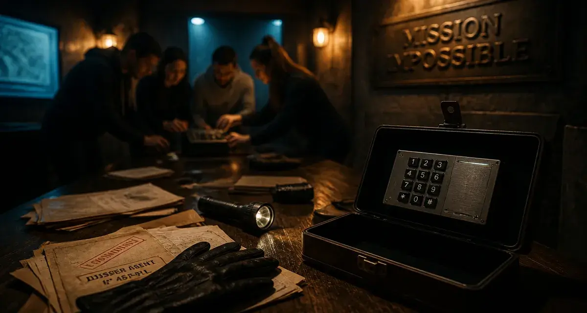 Escape game mission impossible Montpellier : table de décryptage, mallette à code et décor d’agent secret.