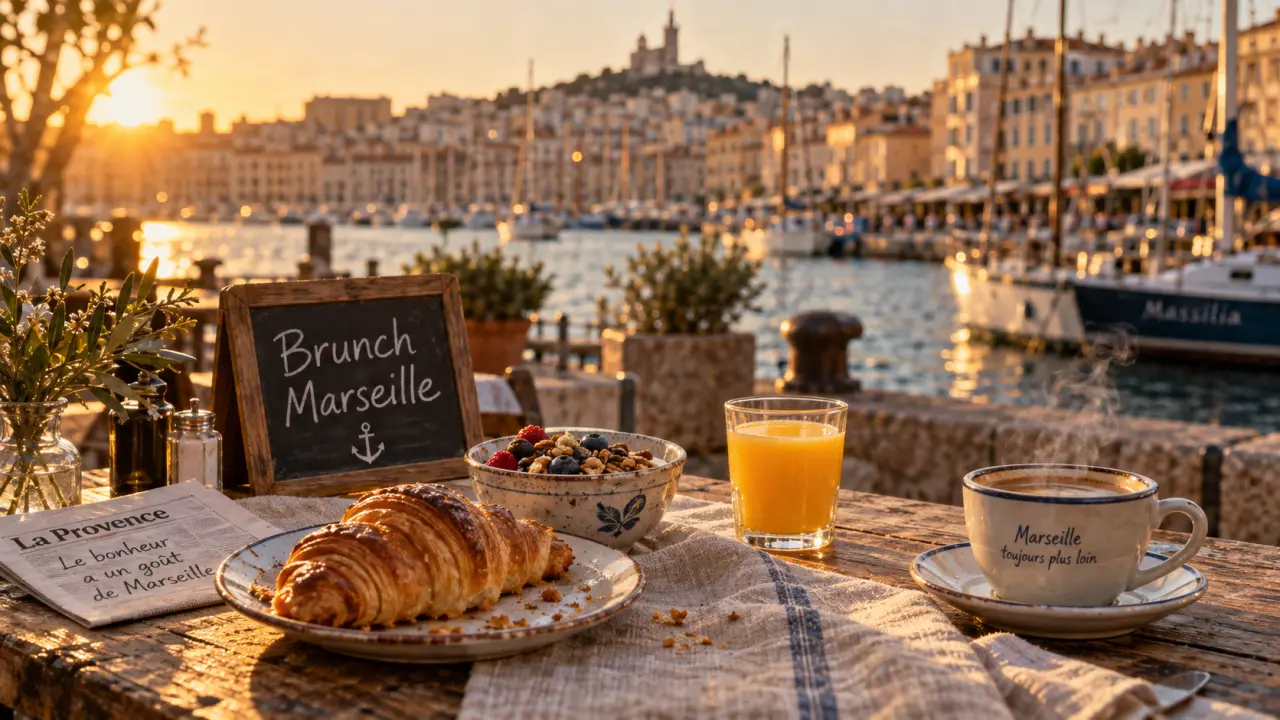 Petit dejeuner marseille sur la terrasse du Vieux-Port, croissant et café