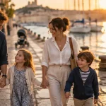 Week-end marseille en famille au Vieux-Port, famille sur le quai au coucher du soleil