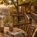 Cabane dans les arbres dordogne au coucher du soleil, ambiance spa