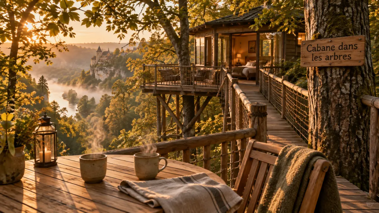 Cabane dans les arbres dordogne au coucher du soleil, ambiance spa