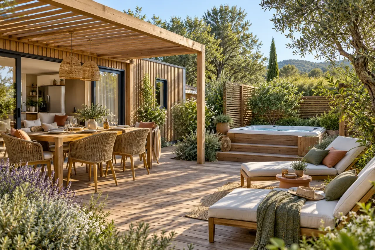 Terrasse de mobil-home avec jacuzzi privatif dans un camping du Var