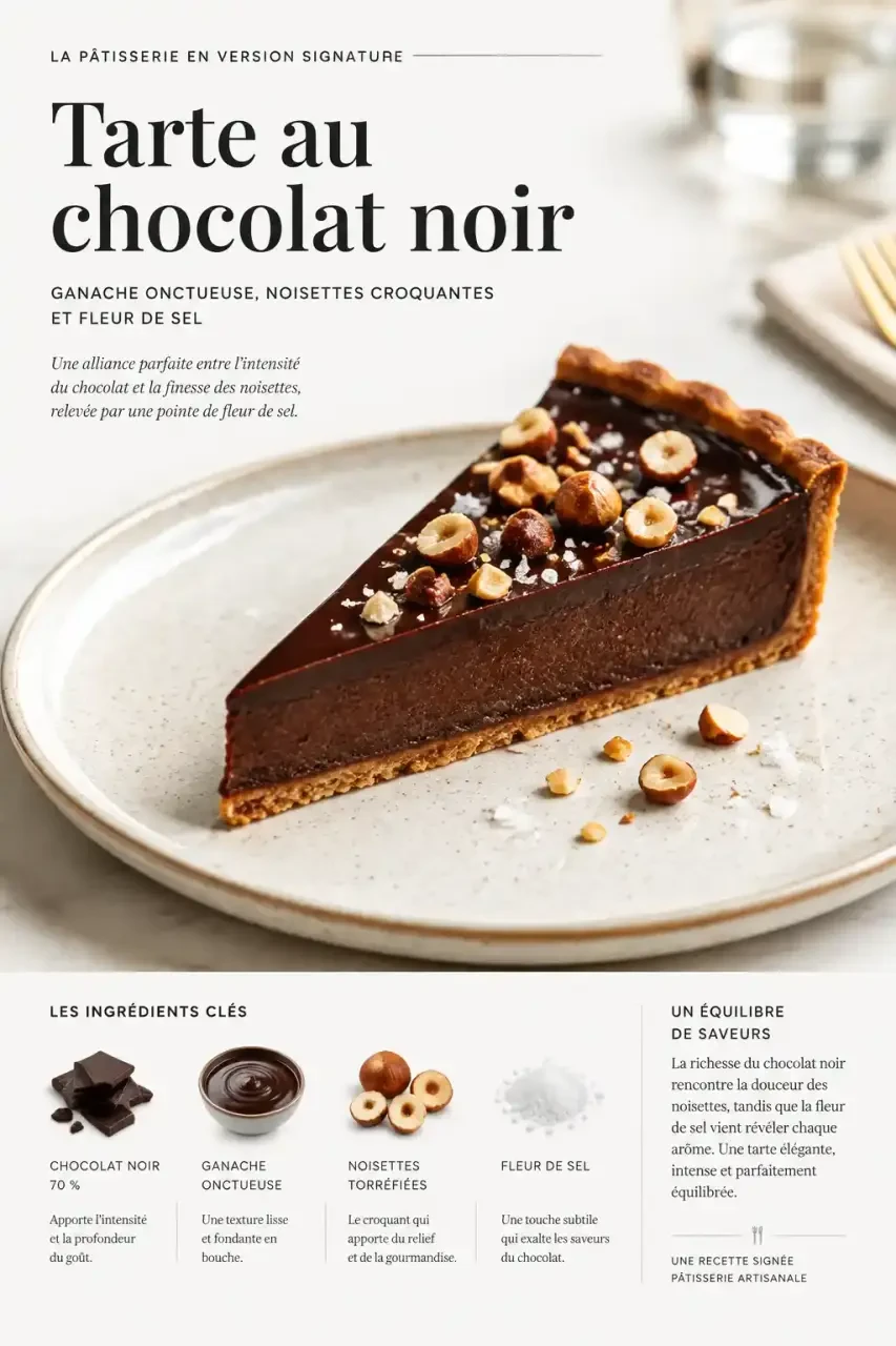 Ganache restaurant Bordeaux : tarte au chocolat noir à la ganache brillante, noisettes et fleur de sel