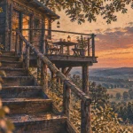 Hébergement insolite Gers : cabane perchée sur pilotis, terrasse et vue