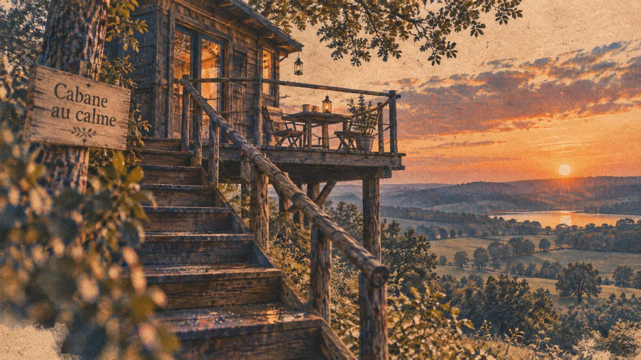 Hébergement insolite Gers : cabane perchée sur pilotis, terrasse et vue