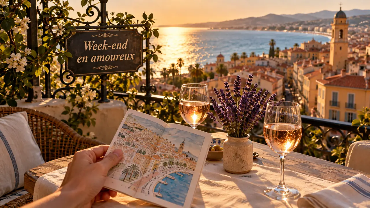 week end en amoureux paca à Nice : table romantique sur terrasse avec carte et Méditerranée